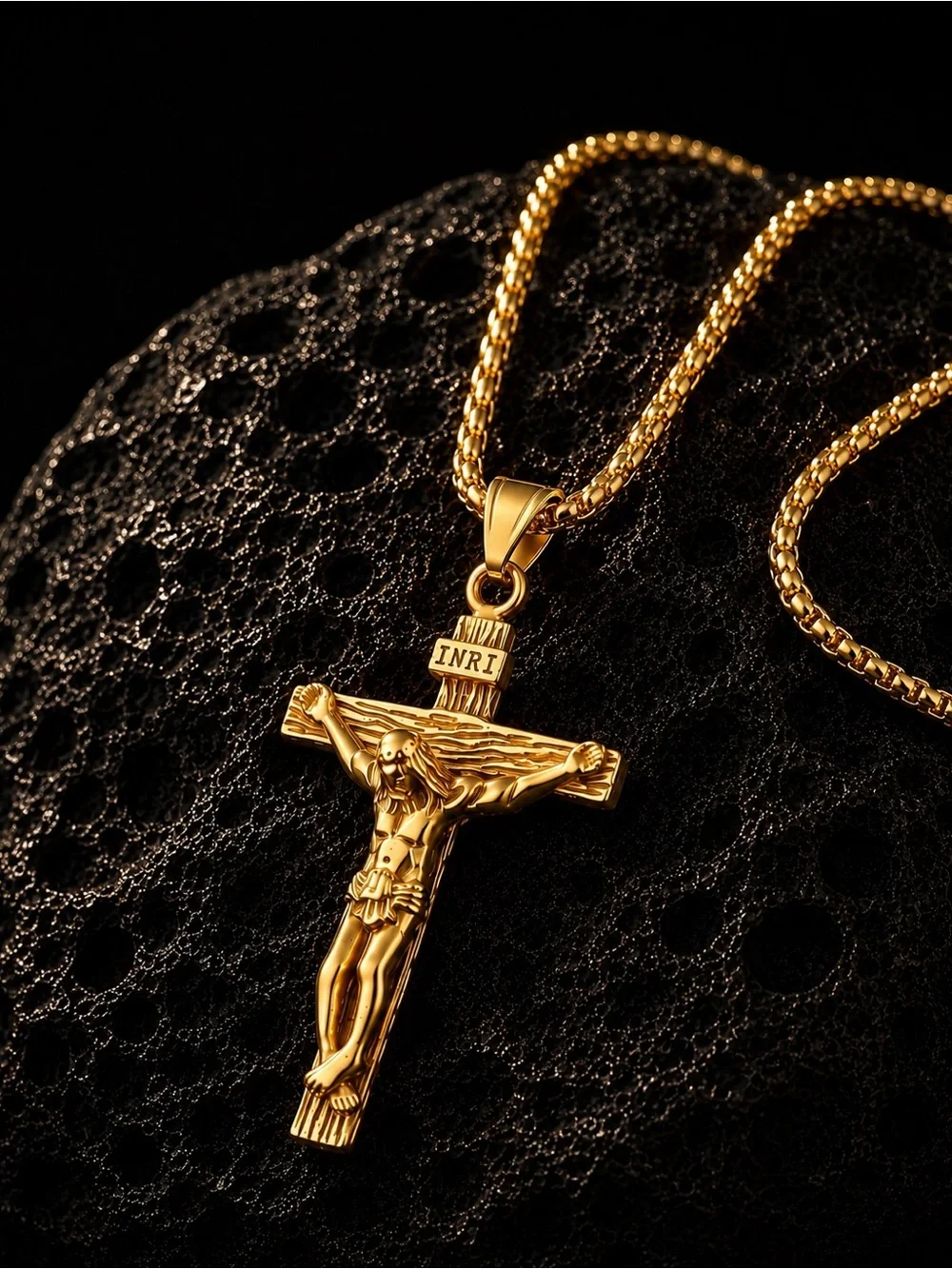 Gold Plated INRI Crucifix Cross Pendant Necklace Stainless Steel Mens Box Chain
